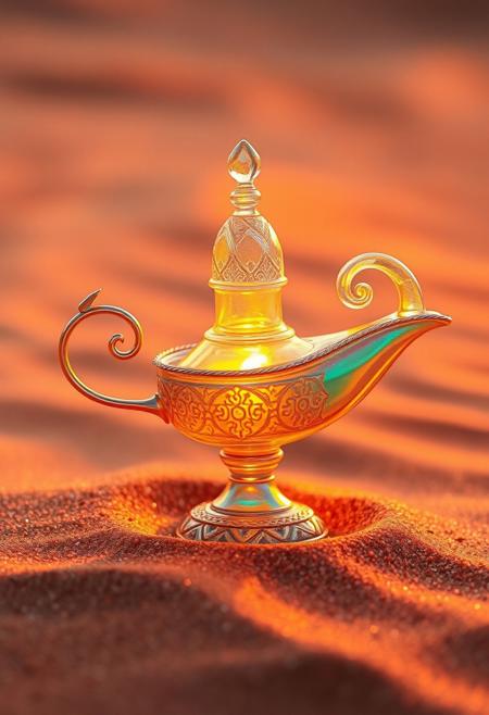 crayon,glow, A resplendent, iridescent genie lamp, crafted with a verisimilar glass-like texture, rests on a bed of scintillating sand. Capture the ethereal luminescence of the lamp, emphasizing its pearlescent sheen as if refracting the warm, golden hour sunlight. Employ a low camera angle, accentuating the lamp's majestic form against the undulating dunes. The sand, a tapestry of warm pinks, oranges, and purples, should sparkle subtly, catching the fading light. Include intricate details on the lamp's surface, highlighting its ornate carvings and the play of light within its iridescent material. The background should subtly fade into a soft bokeh, hinting at the vastness of the desert.