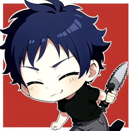 <lora:YuzuruES-04:0.8>, yuzuru_es, smile, shirt, holding, closed eyes, weapon, pants,  chibi, holding weapon, black shirt, blue shirt, outline, grey pants, chainsaw