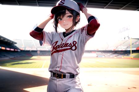 baseball cosplay,  baseball stadium, baseball uniform, smiling, 1girl, cowboy shot, detailed uniform, look at viewer, (SIGMA 85mm f1.4), depth of field, bokeh,  detailed realistic background, diffused natural sunlight, diffused natural skin glow, summer