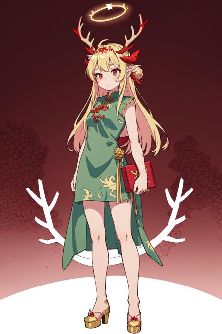 best quality,masterpiece,simple_background,1girl,solo,monster girl,full body,(Light Pink Skin),halo,(antlers:1.2), crown,jewelry,cheongsam dress,blonde hair,long hair,red eyes,(dragon Scales on the body:1.2),Standing on a cloud,She clenched her fists and prayed