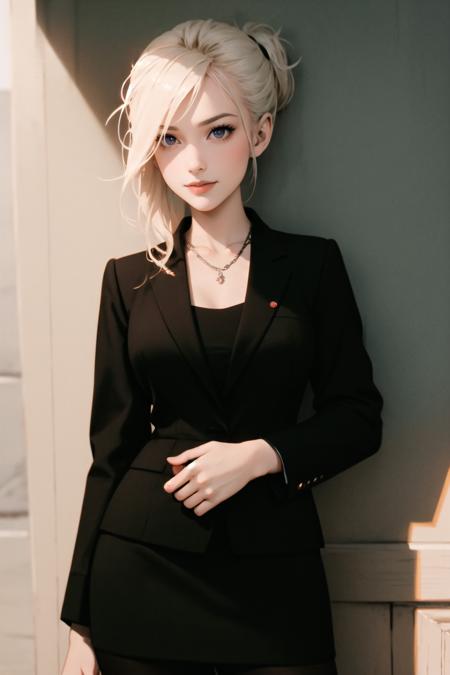 <lora:wrenchrtranim:1.0>, wrenchrtranim, 
1girl, solo, light smile, 
<lora:EllenMiraMathers:1>, EllenMiraMathers, ponytail, sidelocks, necklace, formal, black jacket, pencil skirt, skirt suit, black pantyhose,