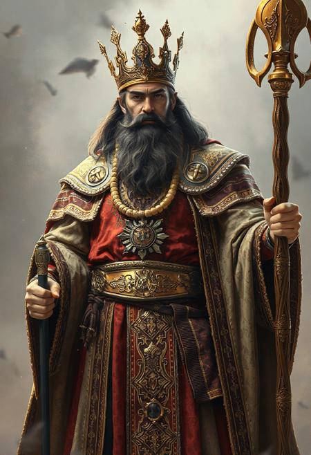 king solomon in intricate ornate ancient robes with power staff, 40 yr old male , superheroic pose