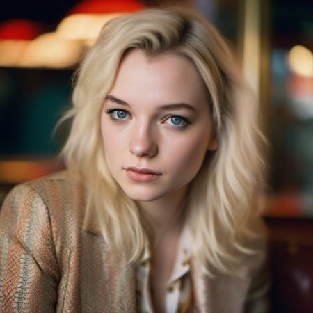 <lora:esme_sdxl:1> esme,, a close up portrait photo of 26 y.o woman, blonde hair,   pale skin, detailed skin, tan, (freckles:.5), sitting, face closeup, 70s clothing, vintage coffee shop,  chiaroscuro lighting, eye level, shot on large format, Fujicolor Pro, bokeh, in style of Miles Aldridge