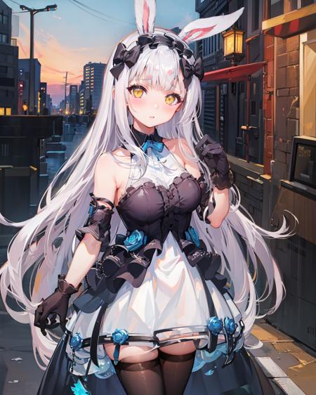 1girl,standing,outdoors,street, large breasts,<lora:ShimakazeAliceV1[sleeveless_dress]-000008:1>,shimakazealice,sleeveless_dress, black legwear,,gloves,blush, yellow_eyes, ((hand on own chest)), outdoors,street,cityscape,