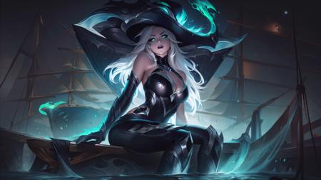 lolsplashart, ruined miss fortune, 1girl, solo, long hair, breasts, looking at viewer, large breasts, gloves, hat, bare shoulders, sitting, green eyes, weapon, white hair, boots, pants, armor, bodysuit, glowing, glowing eyes, watercraft, ship, pirate hat