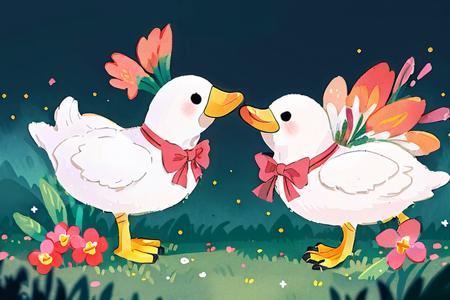 1 duck(animal) ,bow tie, flower,  solo, grass, no humans,standing, bird, blush, full body, gradient background, (illustration:1.0), masterpiece, best quality, <lora:Child illustrationa_20230804152414:0.83>