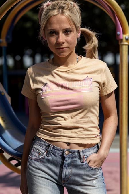 jeans, Gold Pink tshirt in a playground,  <lora:Sarah_Jane_Honeywell:1> masterpiece,best quality, detailed face, 1girl, solo, sj1873h, blonde_hair, pony tail