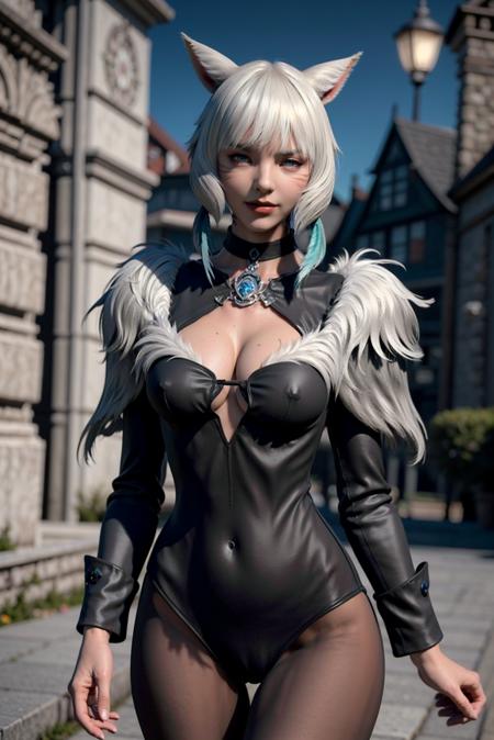 (8k, RAW photo, best quality, masterpiece:1.2), (masterpiece),(best quality:1.3),(ultra detailed:1.2),(highres:1.1),miqo'te, medium breasts, sweating,, collar, 1girl, grey_eyes,white_hair,short hair,  choker, solo,  cat ears, cat tail,  <lora:Yshtola:0.7> naughty face, see-through,, slit pupils, shiny skin, looking at viewer, neck_tattoo,facial_mark, fur_coat, fur_cape,,night, moonlights, depth of field, black mage, witch,  <lora:russianDollLikeness_v3:0.2>  sarms behind back, black pantyhose,