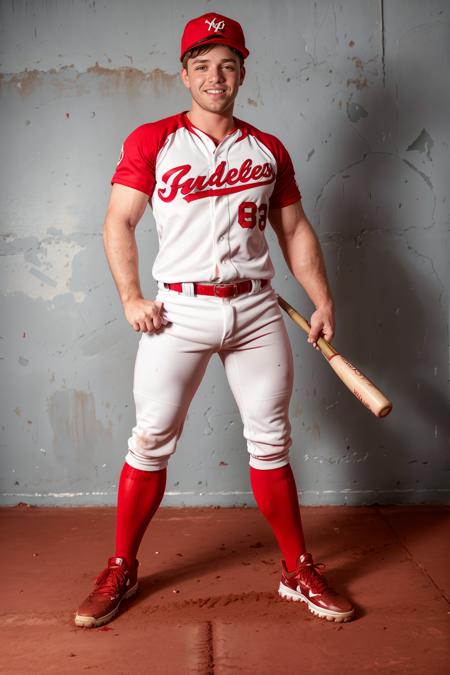 outdoors, ((baseball field)), LucasKnight, baseballplayer, baseball uniform, red jersey, jersey number 6, white pants, red socks, black sneakers, red baseball cap, smiling, masterpiece, (((full body portrait))), full body shot, wide angle  <lora:LucasKnight-000009:0.8>  <lora:Clothing - Sexy Baseball Player:0.7>