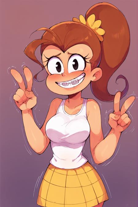 Luan Loud white shirt yellow skirt ponytail brown hair sharp teeth