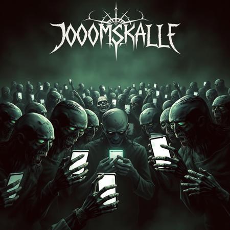 An album cover for 'DOOMSKALLE', showcasing a huge army of undead zombies that is approaching slowly while they are looking intensely at their smartphone as they were under a magical curse, with the white glow from their phones gives a unsettling vibe. Set against a dark, atmospheric background. The design should have a gothic and occult style while being humorus, utilizing rich blacks and deep greens to enhance the eerie aesthetic. The typography for 'DOOMSKALLE' should be in the top and reflect a minimalistic style, featuring thin horrorish sigil-like lettering, blending into the ominous atmosphere of the art. Zombies in George Romero style, realistic, dark art