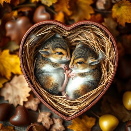 Pair of dormouse curled up in cosy straw and feather nest made inside a heart shaped chocolate box. Bocke background of autumn leaves and fruit and heart shaped chocolates. Very cute and warm feeling.