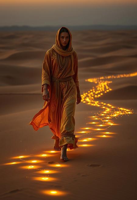 In a vast desert landscape, imagine a mysterious character known as the "Sand Whisperer." This figure, cloaked in flowing robes of shimmering gold and amber, moves gracefully across the dunes, leaving a trail of glowing circular particles that resemble tiny suns. Their skin shimmers with the hues of the setting sun, reflecting shades of orange and warm earth tones. The Sand Whisperer's eyes, bright like molten amber, hold ancient wisdom. With each step, they summon the winds to dance around them, creating a mesmerizing display of glowing particles that illuminate the darkening desert, evoking a sense of magic and serenity.