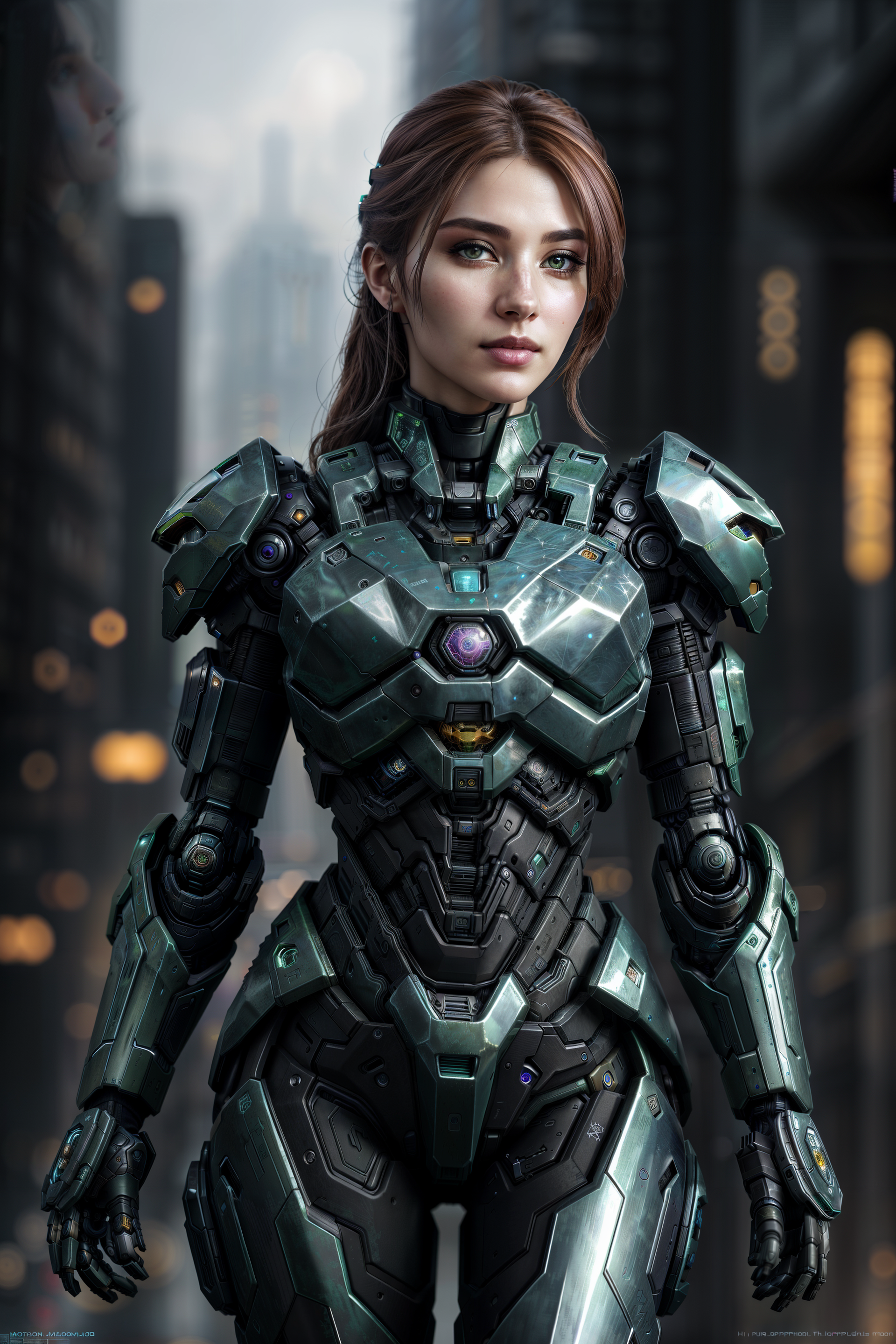 a HDR photograph of a beautiful woman, halo, intricate cyberpunk robot, highly detailed, soft bokeh, art by mooncryptowow ...