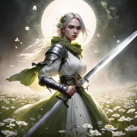 Super Closeup Portrait, action shot, Profoundly dark whitish meadow, glass flowers, Stains, space grunge style, Jeanne d'Arc wearing White Olive green used styled Cotton frock, Wielding thin silver sword, Sci-fi vibe, dirty, noisy, Vintage monk style, very detailed, hd