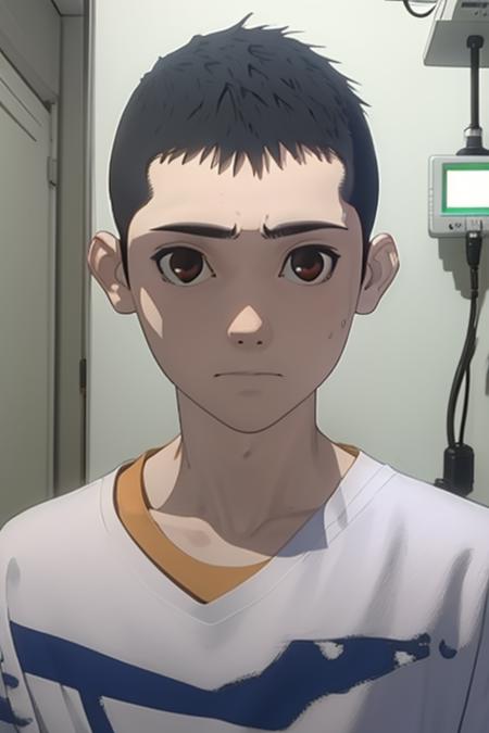 kei,1boy,buzz cut,face,hospital gown,looking at viewer, hospital,masterpiece, best quality,  <lora:Kei :1>