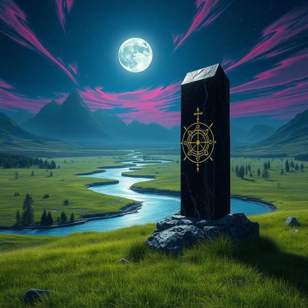 hi resolution, photorealistic, 24mm wide-angle lens. a vast grassy plain, with occasional clusters of trees, is bisected by a clear, blue river, spreading into the distance. In the foreground a tall black crystal monolith stands on a rocky outcrop, alone in the grass, from its surface mysterious and arcane glowing symbols can be seen swirling within the crystal. In the background on the horizon, tall jagged mountain peaks rise against an inky blue, star studded sky with magenta cirrus clouds, in which a bright moon shines illuminating this momentous scene