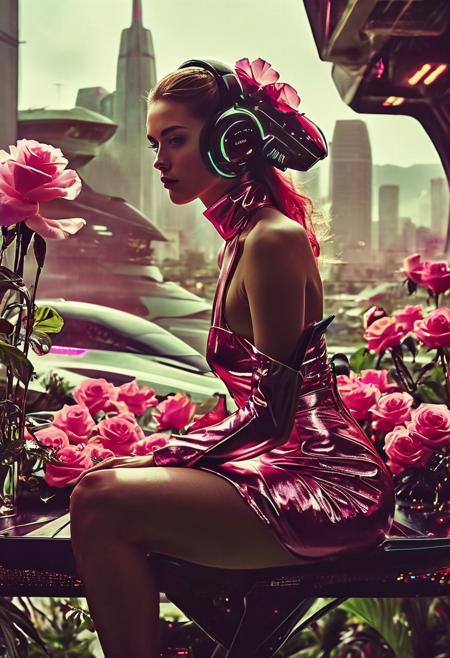 black and white of a woman sitting at a table, long hair up in a high ponytail which she’s twirling, metallic pink short halter dress, strappy heels, legs crossed, pink roses on the table
BREAK ()Hyoer Realistic:2.0)Polaroid picture an image of San Francisco transformed into a Cyberpunk tropical paradise. The cityscape is a vibrant, neon-lit utopia, with towering skyscrapers and lush, green vegetation. (Above the city, an air racetrack stretches across the sky, with sleek, high-tech cars zooming by, inspired by F-Zero vehicles.:1.66) The atmosphere is warm and humid, with a hint of tropical flowers and the distant hum of futuristic technology. The people of this utopian empire live in harmony, their faces radiant with joy and contentment. Capture the surreal, futuristic beauty of this scene, where the boundaries between technology, nature, and society blur, and the possibilities of human achievement are redefined.