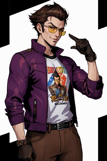 (masterpiece, best quality:1.2), solo, male focus, 1boy, travis touchdown, smug, smirk, looking at viewer, sunglasses, purple jacket, shirt, gloves, brown pants <lora:nmh_travistouchdown-16:0.9>