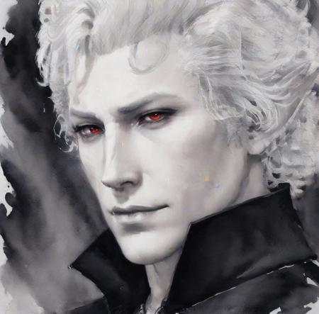 vampire, hansom man, white curly hairs, astationxl, <lora:astationxl:0.95>, (ink art:1.5), painting