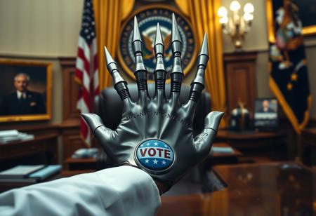 doctor claw in the oval office, real photograph, inspector gadget style, photorealistic, correct hands, correct fingers, presidential seal, vote button, campaign photo, election, elegant scene, facing away, sitting, metal arm, spikes