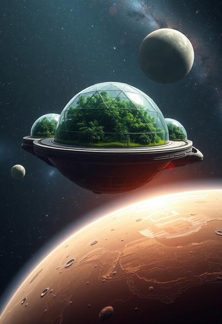 Digital artwork featuring a dynamic and futuristic scene. Several huge glass geodesic domes are mounted on top of a gigantic spaceship  as it orbits a barren planet, within the domes, huge, lush forests can be seen growing. Set against a spectacular backdrop of stars and galaxies