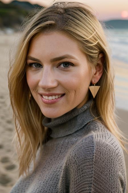 <lora:k4th3rynw:1>, Realistic photo of a beautiful k4th3rynw woman, 1girl, solo, long hair, looking at viewer, smile, (((blonde hair))), turtleneck sweater, jewelry, upper body, earrings, teeth, mole, grin, blurry, lips, grey eyes, outdoors, beach, realistic, soft lighting, professional Photography, Photorealistic, detailed, RAW, analog, sharp focus, 8k, HD, DSLR, high quality, Fujifilm XT3, film grain, award winning, masterpiece