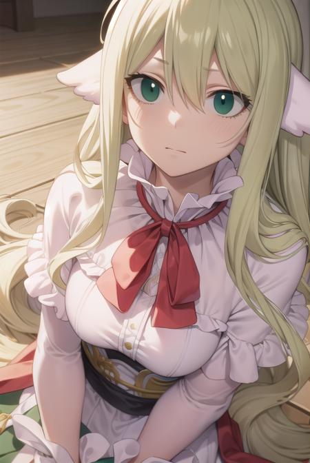 mavis, long hair, blonde hair, (green eyes:1.5), ahoge, wavy hair, animal ears, dress, white dress, collar, ribbon, red ribbon, capelet, long sleeves,