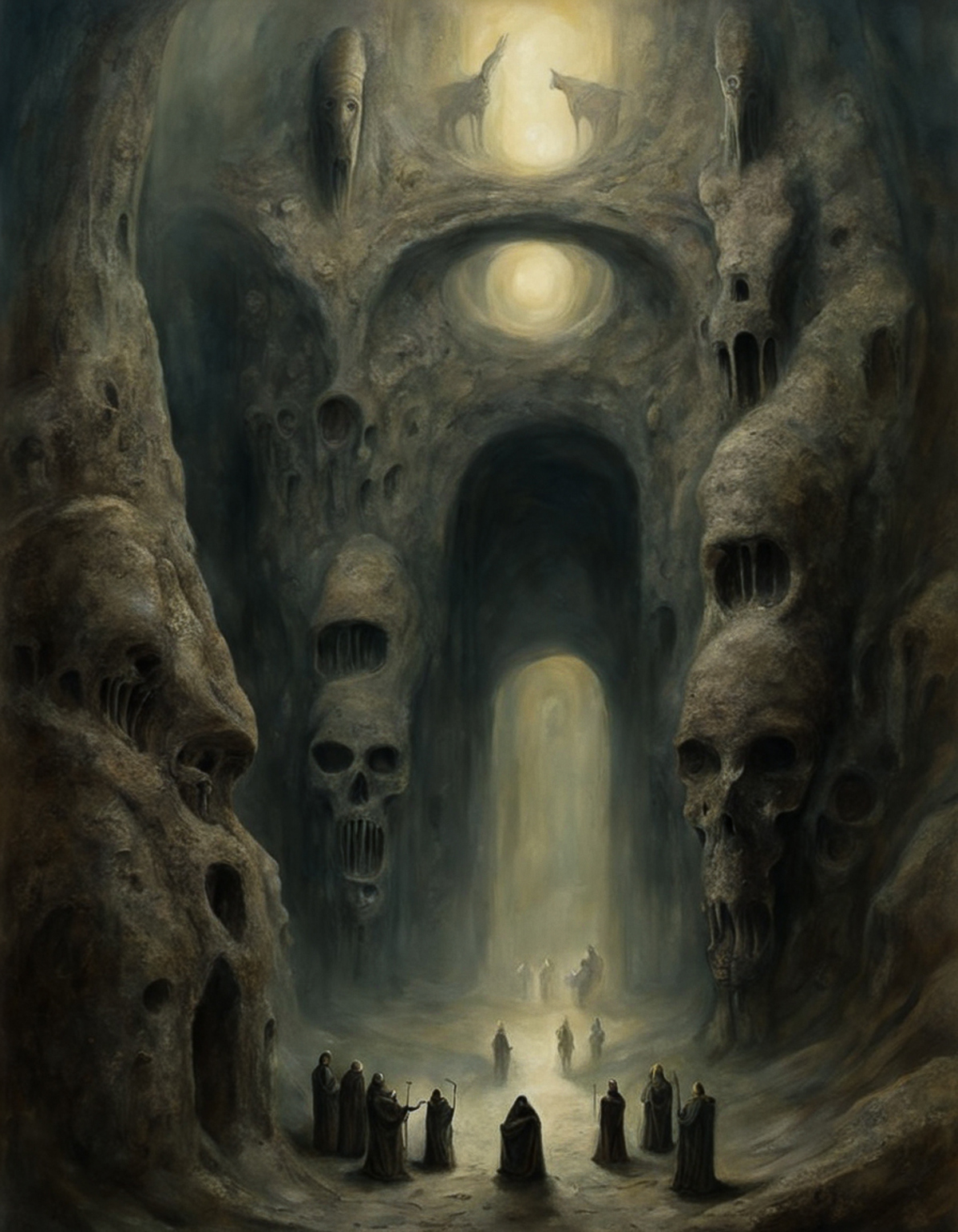 A painting of a cave with skulls on the rock walls and a group of people walking through it.
