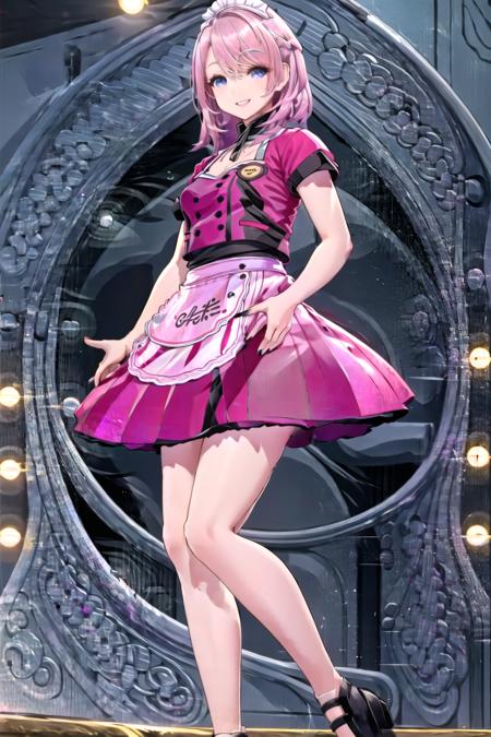 masterpiece, best quality, solo, 1girl, suzu hanamichi, idol, waitress, pink dress, short sleeves, waist apron, name tag, black footwear, smile, looking at viewer, standing, stage, stage lights, indoors, full body, <lora:negative-e12-15:-1.5>