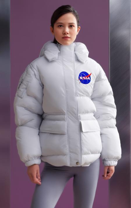 1girl, down Jacket, puff, fashionable style, Casual style, A science fiction space setting, NASA logo, microsomia, Fine facial details, Futuristic design, octane render, Exquisite facial features, 150 mm, beautiful studio soft light, rim light, vibrant details, hyperrealistic, elegant, beautiful background, 8k, best quality, 