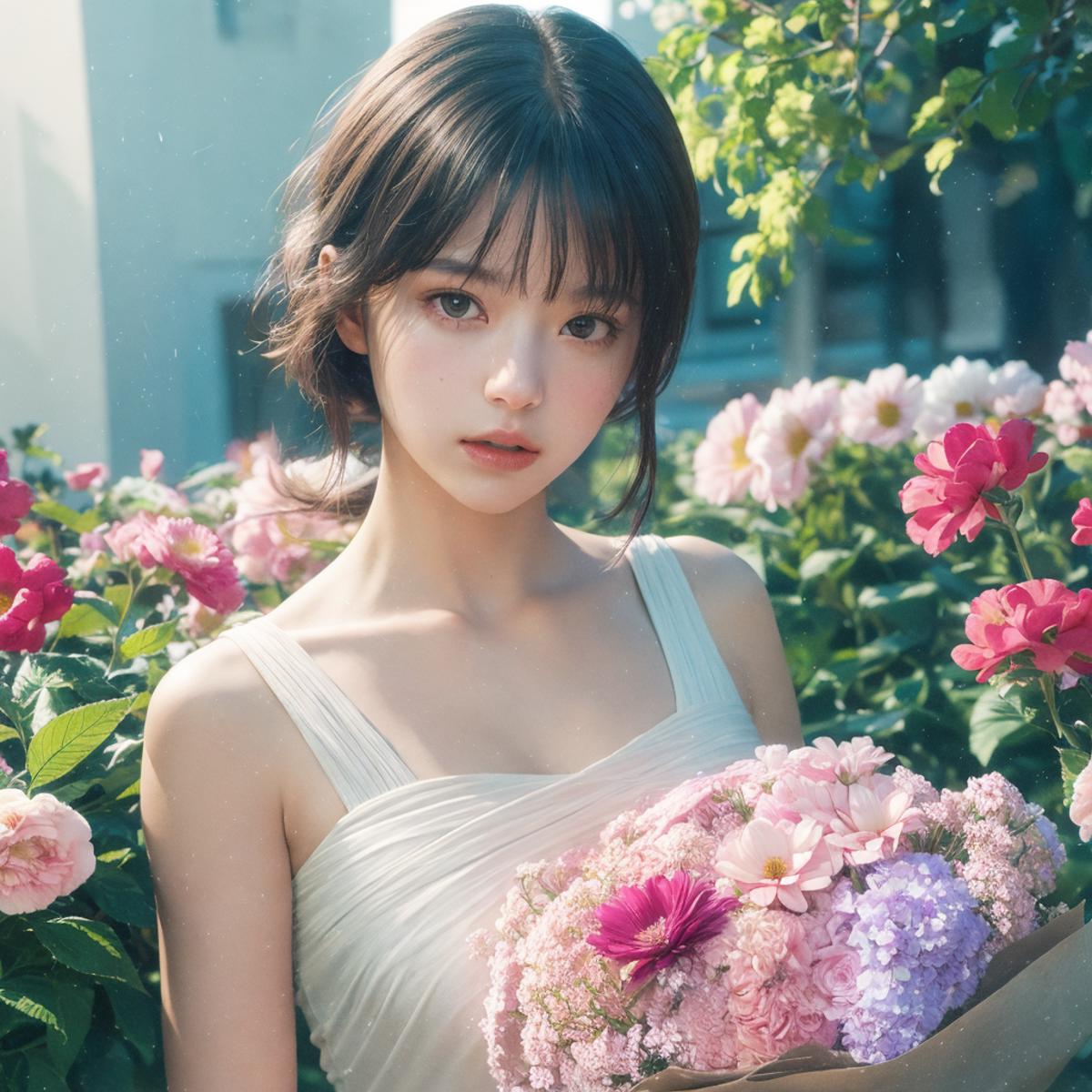 A girl in a white dress holding a bouquet of flowers.