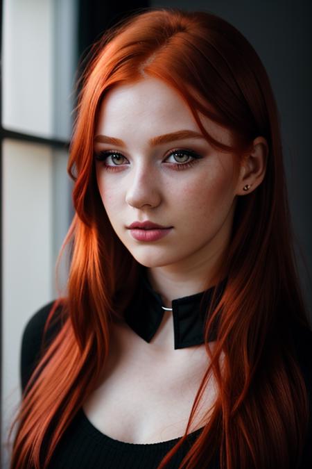raw photo, (18yo redhead girl:1.2), makeup, graphic eyeliner, (choker:0.9), realistic skin texture, black ligerie, (red:0.8), softcore, warm lighting, cosy atmosphere