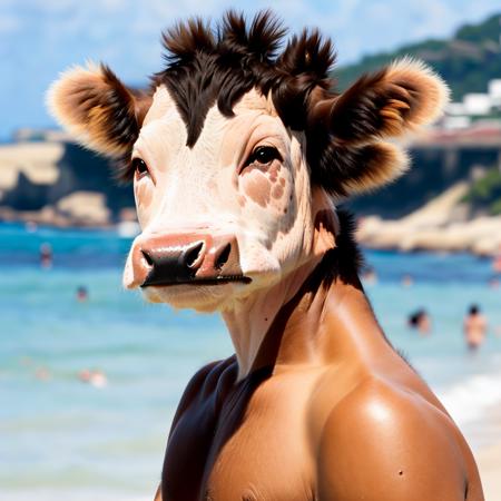 a white man, short hair, brown hair, topless, beach,  <lora:cow_slider_v11:5>, closeup, from side