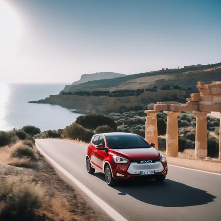 cinematic photo of red and white striped evo driving fast down a country road in the agrigento scenery next to a temple and ruins and with the ocean in the behind, epic landscape, masterpiece, realistic, first hour of the morning, sunrise <lora:evo_agrigento_SDXL-LoRA-v083:0.8> . 35mm photograph, film, bokeh, professional, 4k, highly detailed