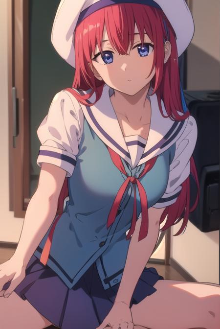 kotorishirakawa, <lyco:kotorishirakawa-LYCORIStest:1>,
kotori shirakawa, long hair, blue eyes, red hair,  (small breast:1.2),
BREAK skirt, hat, school uniform, short sleeves, socks, puffy sleeves, puffy short sleeves, beret,
BREAK looking at viewer,
BREAK indoors, classroom, 
BREAK <lora:GoodHands-vanilla:1>, (masterpiece:1.2), best quality, high resolution, unity 8k wallpaper, (illustration:0.8), (beautiful detailed eyes:1.6), extremely detailed face, perfect lighting, extremely detailed CG, (perfect hands, perfect anatomy),