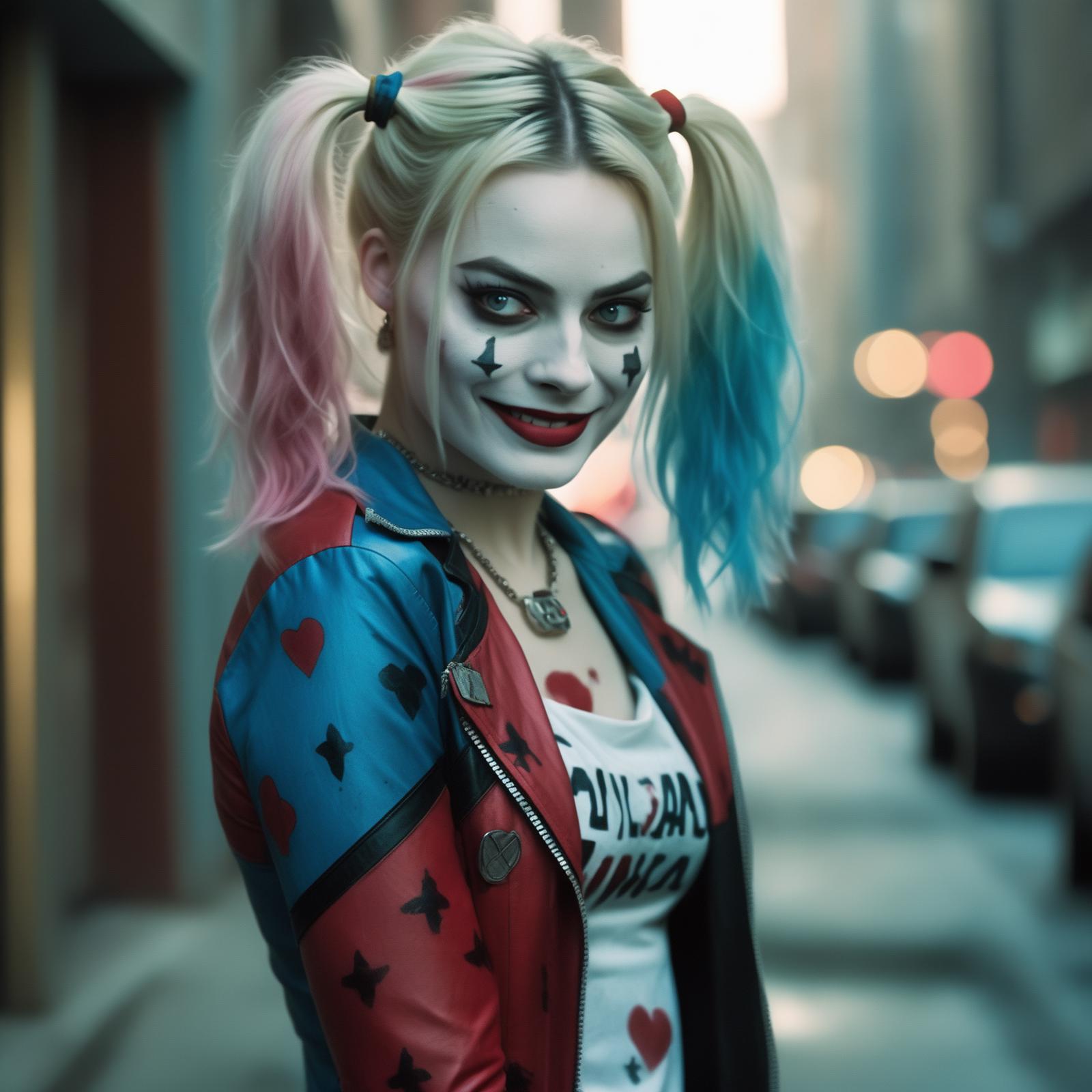 A woman with pink hair and a Harley Quinn costume standing on the sidewalk.