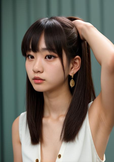 1girl, Japanese, ((contemptuous)), ((disdain)), earrings, black eyes, bangs, button shirt, ((sleeveless top)), mole, (sweat), (touch hair), RAW photo, best quality, masterpiece, ultra detailed, ultra high res, realistic, long shot,<lora:add_detail:0.4> <lora:JapaneseDollLikeness_v15:0.3>, 20 year old cute girl, petite, long tied hair with fringe, small nose, (perfect face), fair, bow string on hair, small face, collarbone, armpit