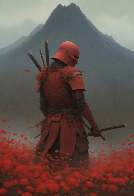 digital artwork by Beksinski, samurai, flowers, vibrant colors, red theme, gray theme, armor, blood stream, fuji mountain