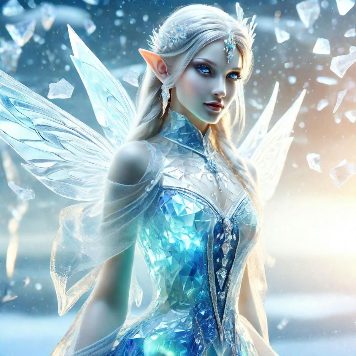 A blue fairy with white wings and a blue dress.