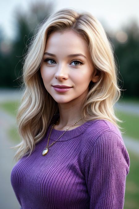 photo of (b3bahan-775:0.99), a woman, perfect blonde hair, posing, (vintage photo, Sweater, Jeans), (closeup portrait), necklace, 24mm, (tintype), (analog, cinematic, film grain:1.3), ((plain Plum Purple, gradient)), ((detailed eyes)), smiling, (epicPhoto)