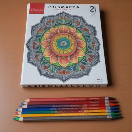 “Prismacolor Scholar” colored pencils (Box of 24), with an open mandala book which has started to be colored, pencils next to the book
