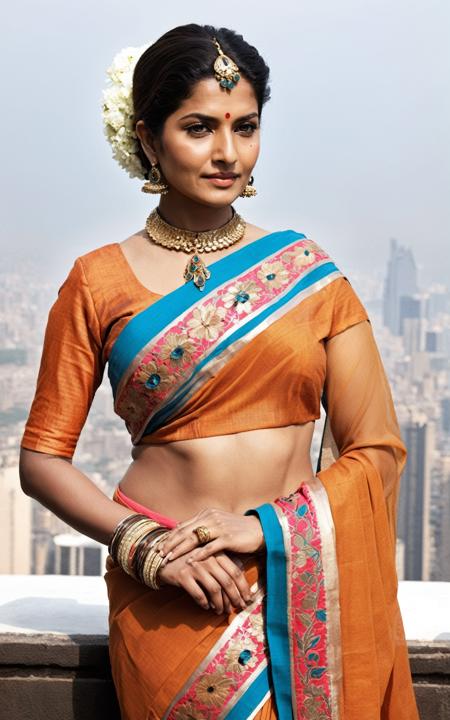 (style of Mario Testino), [traditional Indian fashion:modern style:0.5], elegant Bollywood actress posing in an urban chic setting, ((luxurious yet practical ensemble)), featuring a revamped sari, reimagined as a sleek, wrap-around dress with digital print motifs, merging classic patterns with modern graphic design. The fabric is light and breathable, ideal for the modern woman on the go, with a smart, hands-free accessory integrated seamlessly. Her blouse is a fusion of a traditional choli and a smart-casual crop top, adorned with intricate, hand-embroidered details, yet cut to flaunt a modern silhouette. She accessorizes with minimalist, yet striking jewelry - think sleek gold bangles and a choker necklace that blend heritage with high fashion. Her hair is styled in an effortless updo, adorned with a subtle, floral hair accessory, echoing the fusion of tradition and modernity. Her makeup is a balance of bold and natural, with a focus on strong, defined eyes and a soft, neutral lip color. The backdrop is an urbane cafe, with a blend of rustic and modern elements, reflecting the fusion in her attire. The lighting is soft yet vibrant, highlighting the rich colors and textures of her outfit, against the backdrop of the bustling cityscape visible through large, panoramic windows. Her posture is confident yet relaxed, a perfect embodiment of the blend of tradition and modernity, her gaze serene yet powerful, inviting admiration and respect.