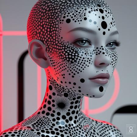 With striking clarity, a futuristic figure emerges, exuding a blend of human and robotic elements. The close-up portrait reveals a woman whose skin is adorned with intricate black dots and illuminated by vibrant red accents, creating a mesmerizing pattern that enhances her striking features. Her intense gaze, framed by elongated winged eyeliner and elegantly styled lashes, conveys an otherworldly presence, while her lips, subtly parted, evoke a sense of intrigue. The soft blue background contrasts with the fiery tones, highlighting the luminous details of her cybernetic design. This image radiates a captivating narrative of technology intertwined with beauty, inviting viewers to ponder the possibilities of a futuristic aesthetic.