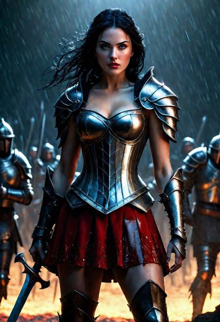 Ultra detailed digital art masterpiece Warrior Snow White girl dressed in a iron Armor and red mini skirt, Standing on a battlefield at the head of an army of knights, where a bloody slaughter is taking place, standing in battle pose, a dark epic fantasy, perfect lighting, beautiful Warrior Snow White girl, attractive woman, elegant, beautiful woman of athletic body,  epic shot of the whole Warrior Snow White girl, unreal engine 5 nanite quality, dark fantasy, dark environment, very stormy day, LOTR style, dark washed out eyeliner, no make up, natural bloody pale face, realistic blue eyes, ultra detailed atmospheric details, beautiful glowing effects, sparkle effects, realistic body proportions, beautiful face proportions, complex masterpiece, wavy raven black hair, creative glowing detailed tattoos, complex physics, enhanced colors, complimentary colors, ultra detailed raytracing reflections, Ultra detailed complex background, environment feels alive, direct eye contact, dramatic lighting, wet and sweaty skin, beautiful firm Breasts, Daylight, Concept art by Greg Rutkowski, adding to the intense and dynamic atmosphere of the scene.