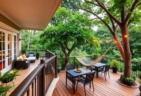 "An inviting outdoor space showcasing a spacious balcony overlooking a lush landscape. The balcony, adorned with elegant railings, features a cozy seating area with weather-resistant furniture, perfect for enjoying morning coffee or evening gatherings. Lush green trees surround the area, providing a natural canopy that offers both shade and a sense of tranquility.
Potted plants and hanging planters add splashes of color and life, enhancing the tropical atmosphere. A comfortable hammock is suspended between two sturdy trees, inviting relaxation and lazy afternoons spent reading or napping in the gentle breeze.
The outdoor flooring, crafted from natural wood or stone, harmonizes with the surrounding environment, while decorative outdoor lights create a warm ambiance for evening use. A small outdoor dining area, with a table and chairs, is perfect for al fresco meals, providing an intimate setting amidst nature.
The space is designed to seamlessly blend indoor and outdoor living, allowing for an open flow that encourages appreciation of the lush surroundings, making it an ideal retreat for relaxation and socializing."