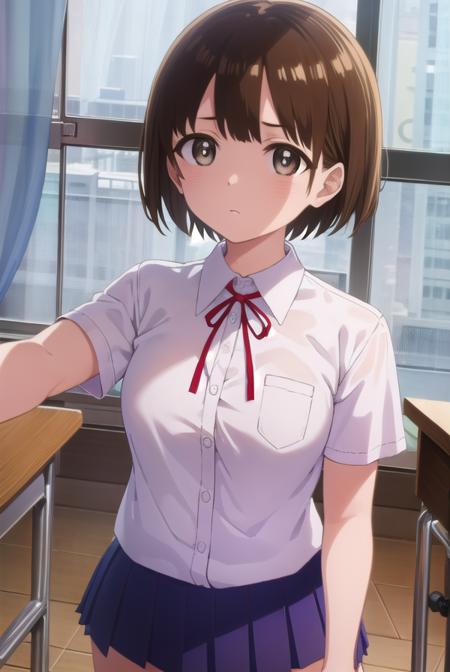 chihirokobayashi, <lora:chihiro kobayashi s1-lora-nochekaiser:1>,
chihiro kobayashi, short hair, brown hair, (brown eyes:1.5),
BREAK skirt, shirt, school uniform, pleated skirt, socks, white socks, white shirt, collared shirt, ribbon, red ribbon, short sleeves,
BREAK indoors, classroom,
BREAK looking at viewer, (cowboy shot:1.5),
BREAK <lyco:GoodHands-beta2:1>, (masterpiece:1.2), best quality, high resolution, unity 8k wallpaper, (illustration:0.8), (beautiful detailed eyes:1.6), extremely detailed face, perfect lighting, extremely detailed CG, (perfect hands, perfect anatomy),