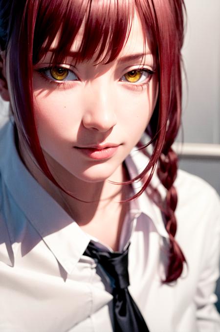 masterpiece, (photorealistic:1.4), best quality, beautiful lighting,

, makima \(chainsaw man\), (red hair)+(long braided hair)+(bangs), yellow eyes, golden eyes, (ringed eyes), (white shirt), (necktie), 

RAW photo, 8k uhd, film grain <lora:makima_offset:1>