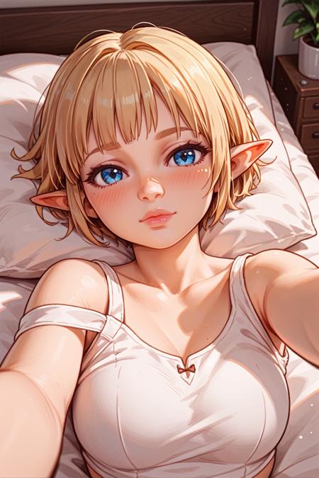 DAISera, 1girl, short hair, blonde hair, blue eyes, pointy ears