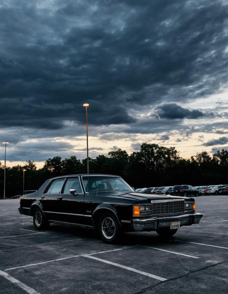 photo of a black car parked in an empty parking lot, evening, cloudy, extremely detailed